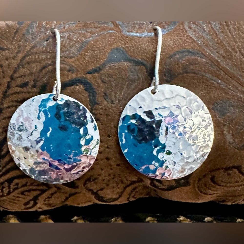 Silver and Blue Hammered Disc Earrings